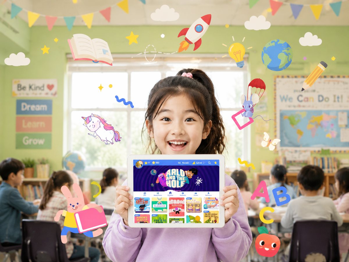 교실에서 BOOKR Class 도서 목록이 열린 태블릿을 들어 보이는 학습자