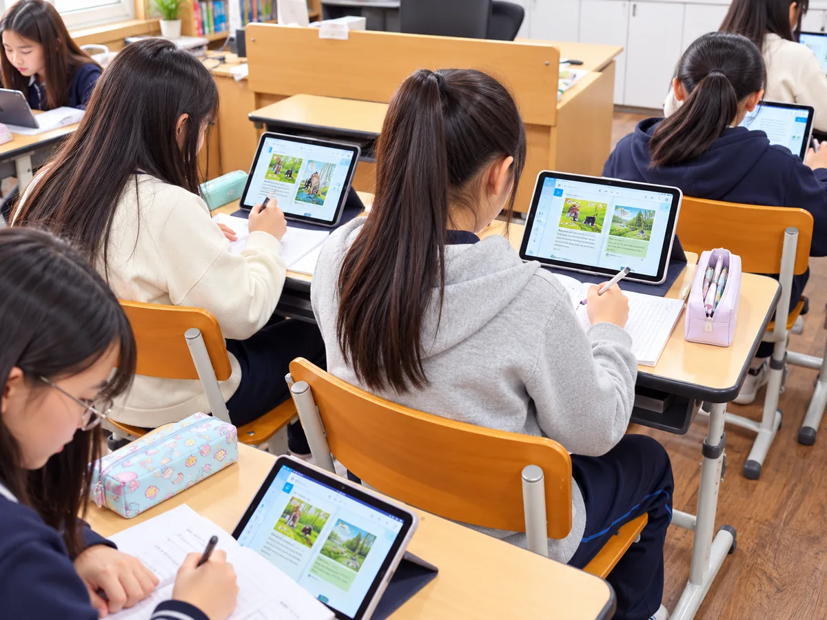 학생들이 태블릿으로 YBM리딩팜 e북을 읽으며 공책에 정리하는 학교 수업