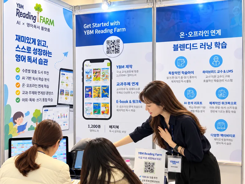교육 박람회에서 YBM리딩팜을 체험하는 방문객과 안내하는 직원